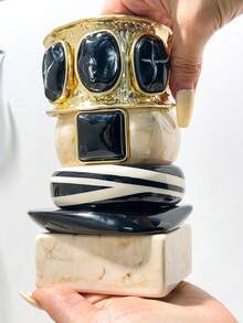 1pc Wide Asymmetric Geometric Resin Bangle With Marble Pattern Shell And Rivet Design, Stackable Fashionable Charming Women's Accessory Suitable For Daily Wear Jewelry - Multicolor D - View 2