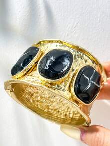 1pc Wide Asymmetric Geometric Resin Bangle With Marble Pattern Shell And Rivet Design, Stackable Fashionable Charming Women's Accessory Suitable For Daily Wear Jewelry - Multicolor D - View 4