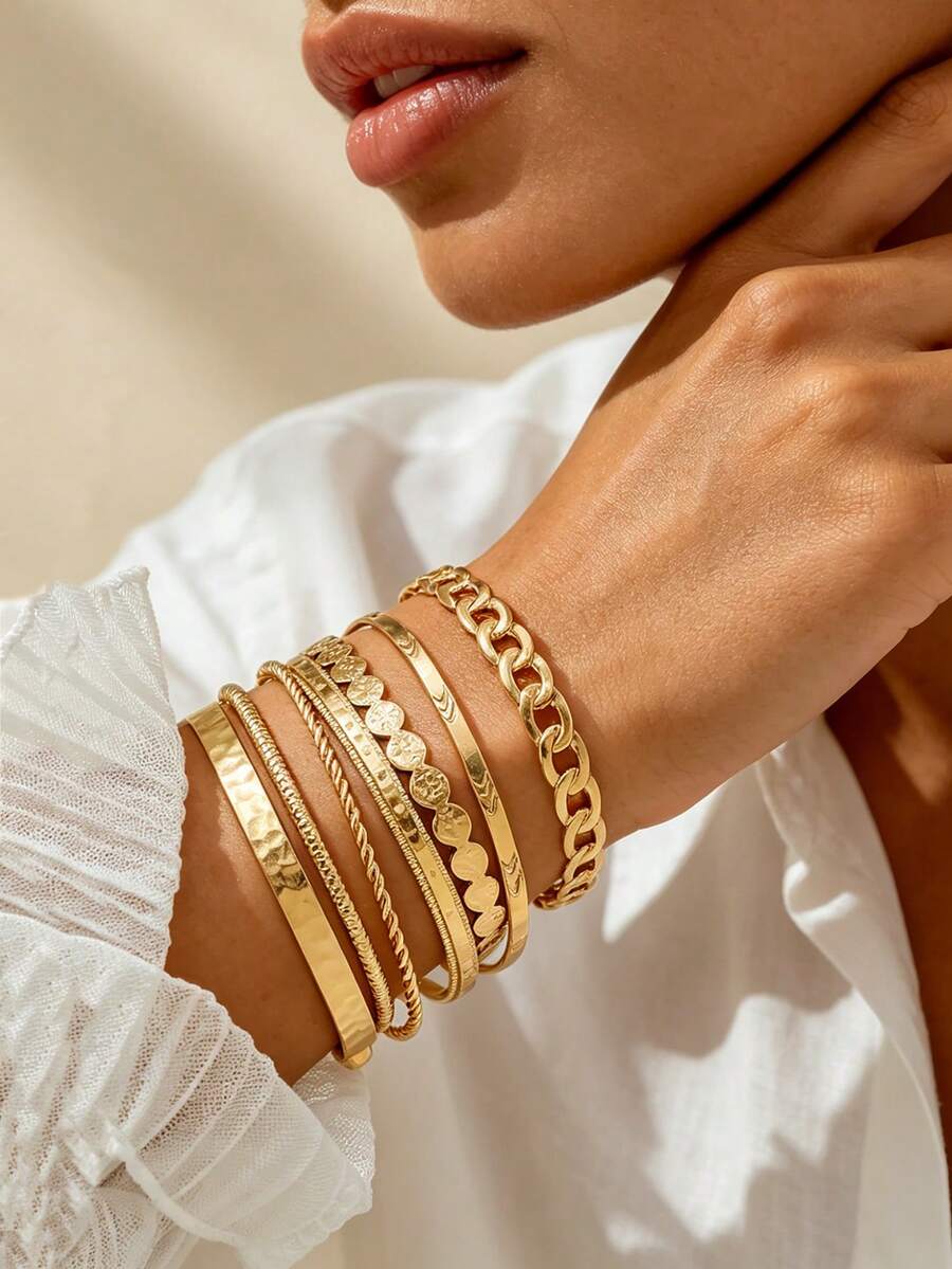 7PCS Ins Style Hammered Texture Arrow Pattern Exaggerated Personalized Twisted Open Cuff Bracelet Set, Fashion Versatile Layered Bracelets For Women - Gold - View 1