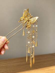 1件金色鏤空蝴蝶流蘇髮簪，珍珠墜飾搖曳髮飾，適合新娘與伴娘婚禮盤髮造型 - 彩色 - 查看 5