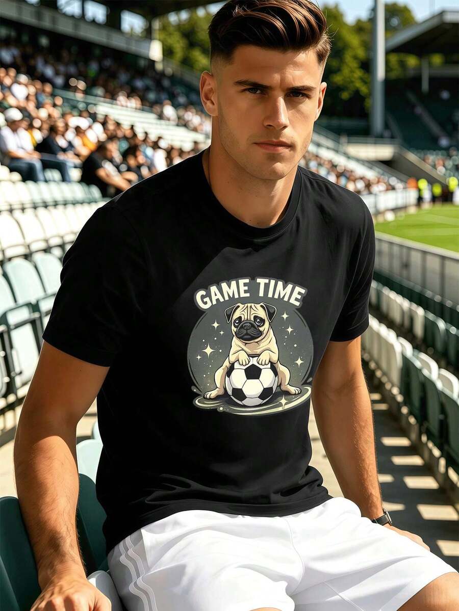 Men's Pug Football Graphic T-Shirt Spring, High Quality Fabric, Loose Fit, Hip Hop Street Style, Breathable. - Black - View 1