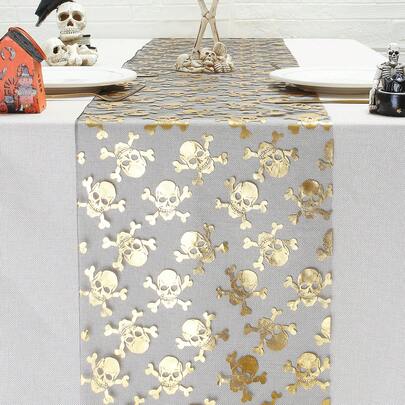 1pc 28cm/600*900cm Gold & Silver Skull Table Runner, Shiny Metallic Mesh Tablecloth, Glitter Desktop Decoration For Dining Table, Wedding, Party, Restaurant, Bridal Shower, Birthday Party, Banquet, Halloween, Christmas
