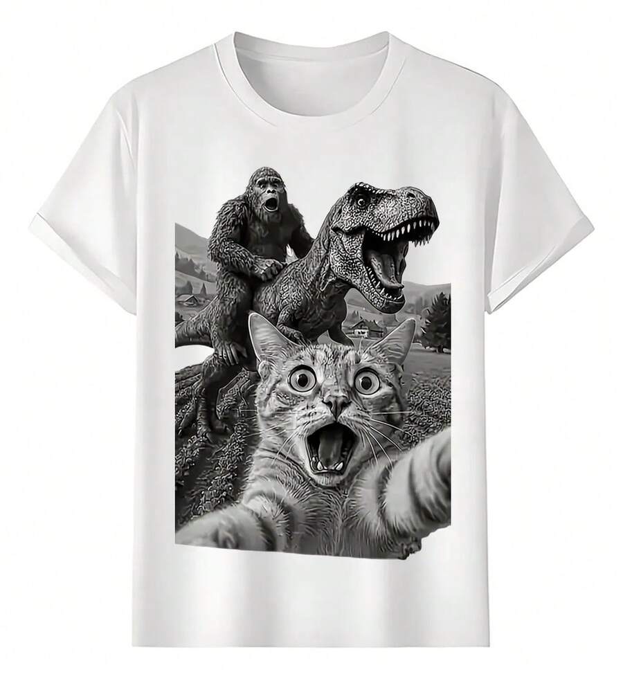 Playeras Gato Con Dinosaurio Y Gorila - Blanco - Ver 1