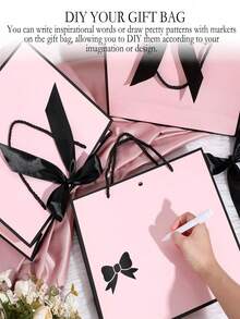Pink Gift Bag, Includes 1 Gift Bag, 1 Tissue Paper, 1 Card With Ribbon, Shopping Bag, Handheld Packaging Bag, Bow Decoration, Suitable For Girls, Weddings, Parties, Christmas, Thanksgiving, New Year, Weddings, Birthdays, High-End Paper Gift Bag - Pink - View 4