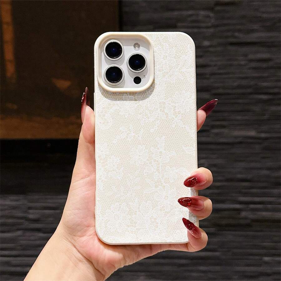 1 Buah Casing Ponsel Fashion TPU Tahan Guncangan dengan Motif Bunga Renda Putih dan Tekstur Leci yang Dipersonalisasi, Kompatibel dengan iPhone 16 15 14 13 12 11 17 Pro Max - MultiWarna - View 1