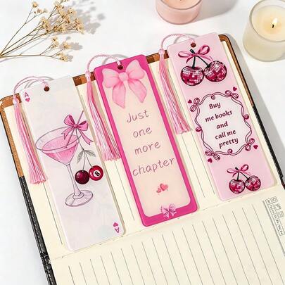 Cute Pink Girly Style Creative Design Bookmark, Decorated With Bows, Cherries, And Cocktail Patterns, Perfect As A Gift For Female Reading Enthusiasts, Book Lovers, Friends, And Besties