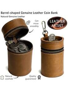 Handcrafted Genuine Leather Coin Bank, Made Of Top Grain Cowhide, Fits In Car Cup Holder, Can Be Used As Coin Purse, Coin Storage Box, Wallet Or Zipper Pouch, Full Grain Leather, Coffee Brown, Unique - Multicolor - View 5