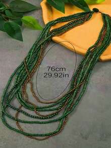 1pc Wood Bead & Glass Bead Bohemian Style Multi-Layer Necklace For Women - Army Green - View 3