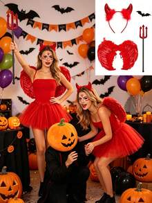 Set Kostum Setan Kecil Merah Halloween 4pcs/Set, Termasuk Bando Setan Merah, Sayap Merah, Garpu Setan, Rok Tulle Merah, Cocok Untuk Acara Liburan, Pesta Tema, Pesta Topeng, Pertunjukan Panggung, Kostum Halloween, Properti Cosplay - beraneka warna - View 3