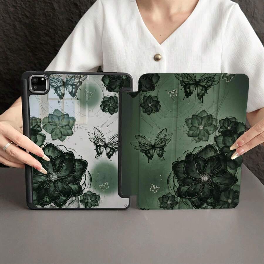 1件深綠色花卉與蝴蝶印花平板保護殼,附筆槽,相容於 iPad 10.9/10.2/Air 5th Gen/Pro 11/10th Gen/9.7/Air 2/(7th Gen)/(8th Gen)/Air 4/5/Pro 11/10th Gen 10.9 吋 2022 智慧保護殼/Air 13(M3 2025)/Air 11(M3 2025)/Air 11(M3 2025)/11(A16 2025),相容於 Matepad - 彩色 - 查看 1