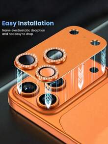1pc Orange Rhinestone Inlaid Metal Surface Ultra-Thin 9H Tempered Glass Camera Lens Protector, Ultra-Clear Anti-Scratch Anti-Oil Anti-Fingerprint Anti-Dust Full Coverage Anti-Collision Phone Accessory, Compatible With IPhone 17 Pro Max 17 Pro - Orange - View 2