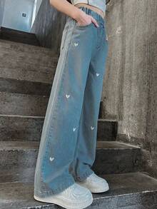 Tween Girls Heart Print Embroidery Wide Leg Jeans - Baby Blue - View 3