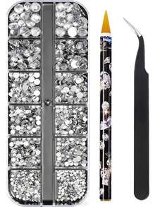 2-6mm Transparent Flat Back Rhinestone Set, With Rhinestone Pen And Tweezers, 3D Art Flat Back Rhinestones, 12-Grid Rhinestone Set, For DIY Crafts, Cups, Bottles, Glasses, Clothes, Loose Glitter Crystal Stones, Craft Decoration, Valentine's Day Decoration - 12 Transparent Panels + Pen + Tweezers - View 2
