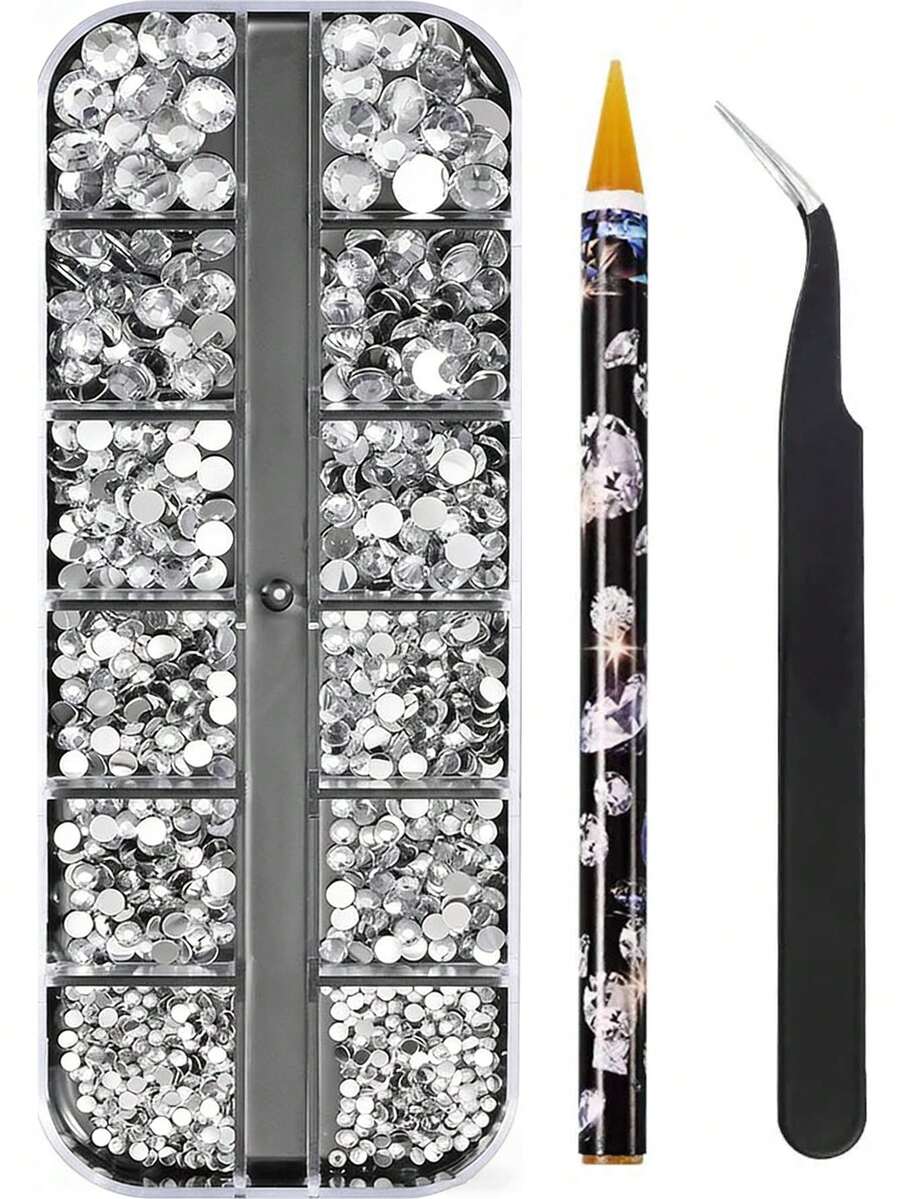 2-6mm Transparent Flat Back Rhinestone Set, With Rhinestone Pen And Tweezers, 3D Art Flat Back Rhinestones, 12-Grid Rhinestone Set, For DIY Crafts, Cups, Bottles, Glasses, Clothes, Loose Glitter Crystal Stones, Craft Decoration, Valentine's Day Decoration