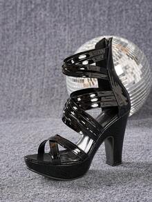 Damen Römische Sandalen mit hohem Blockabsatz 2026 Sommer Neu mit dicker Plateau-Sohle und hohem Wasser-Plateau aus glänzendem PU-Stoff Mode Große Größen mit offener Zehenpartie - Schwarz - Übersicht 7