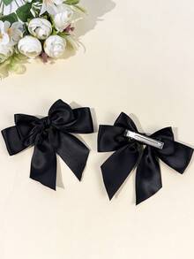 2pcs Women's Minimalist Elegant Glossy Satin Ribbon Large Bow Hair Clips, Sweet Atmosphere Styling Hair Accessories,Claw Clips - Multicolor - View 7