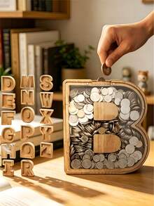 Large Letter Wooden Money Box, Letter-Shaped Design, Customizable 26 Starting Letters, Cultivate Saving Habits, Visible Wealth Growth, Suitable As Birthday Gift, Christmas Gift, Gift For Her/Him, Party Favor, Souvenir, Desk Decor - Multicolor - View 5