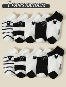 Disney Socks /Mickey Mouse 1/5 Pairs Spring/Summer Kids Short Socks, Classic Black & White Striped Patchwork, Playful Cute Mickey Mouse Pattern Accents, Delicate Soft Skin-Friendly Comfortable School Invisible Socks, Simple Fashion Casual Breathable Sweat-Absorbing Durable Versatile Sports Socks, Suitable For Parties/Casual Sports/Holiday Gifts/Vacation Travel, Random Color/Style - Multicolor - View 7