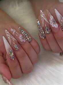 24 Stück lange Wassertropfen-Form Press-On Kunstnägel, glänzende Strass-Verlauf-Blumenmuster, süßer cooler europäischer Stil Damen Nagelaufkleber, neue Mode für Fingerspitzen, für Damenpartys, Tänze, Alltag-Outfit, Kunstnägel, Nagelkunst-Zubehör, Nagelkunst - Verschiedenfarbig - Übersicht 3