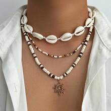 3pcs/Set Men's Vintage Bohemian Shell Decorated Rice Bead Beaded Necklace, Creative Fashion Metal Spiral Sun Pendant Multi-Layer Necklace, Suitable For Daily And Beach Vacation Wear Jewelry Set - Three-piece Necklace - View 9