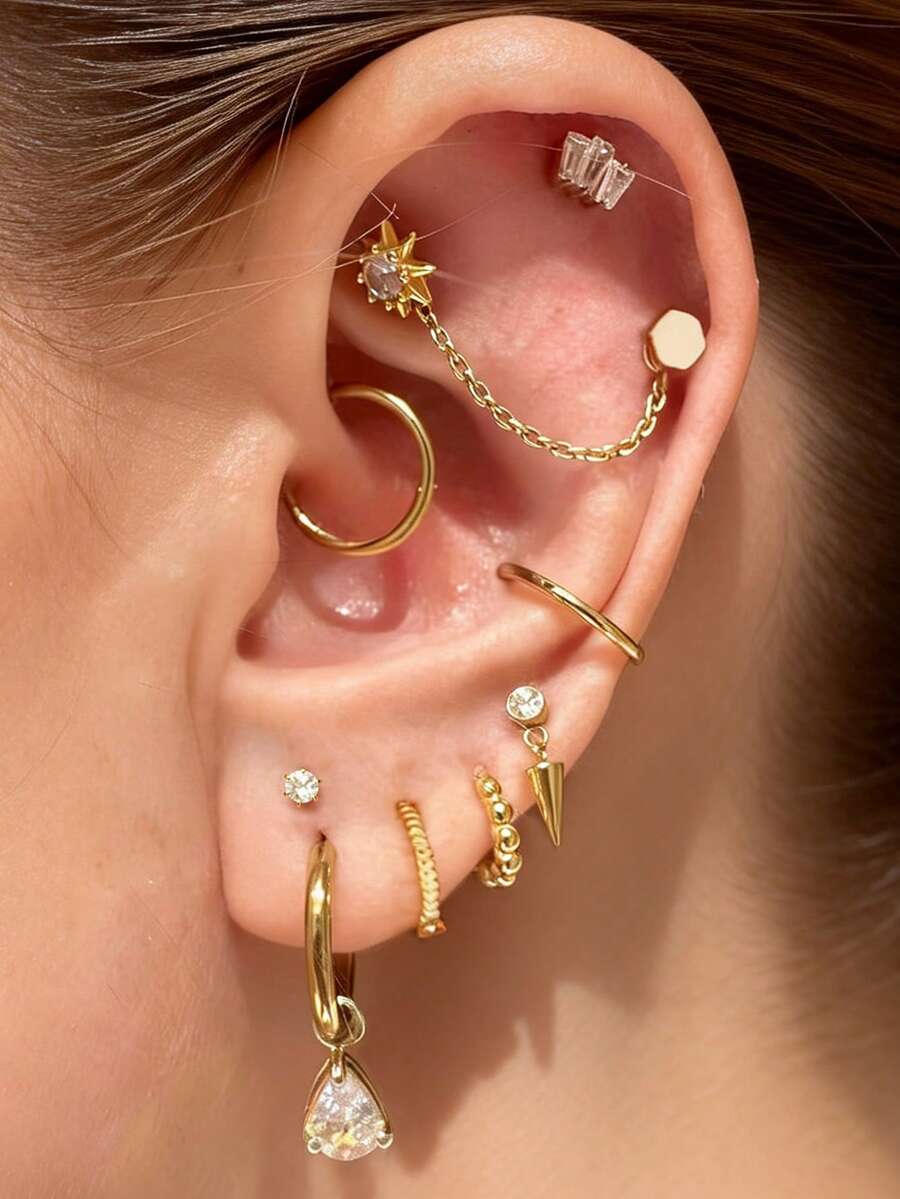 9pcs Inlaid Cubic Zirconia Eight-Pointed Star Earring Set, Multiple Ear Piercing Earrings Set, Suitable For Women's Daily Wear, Dating, Party And Gathering - Yellow Gold - View 1
