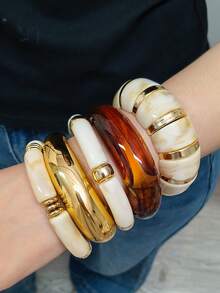 Set de 5 pulseras de mujer estilo bohemio vintage de acrílico CCB y bambú, diseño patchwork con textura de juntas de bambú, fresco y casual, apto para uso diario, citas, vacaciones, sesiones de fotos y fiestas, set de accesorios de moda - Multicolor - Ver 2