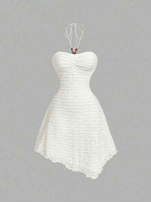 MOD Vestido de mujer de unicolor con cuello halter y bajo asimétrico - Albaricoque - Ver 3