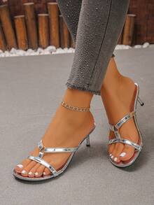 XfxfA 女款單肩帶高跟涼鞋，露背設計，穿脫方便，適合派對/辦公室/約會 - 銀色 - 查看 6