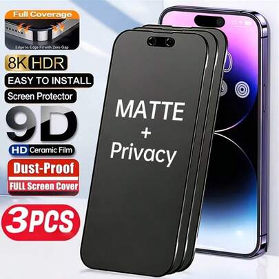 BOLLYMORE 3 piezas Protector de pantalla de privacidad mate de cobertura completa, compatible con iPhone 17 Pro Max/17e/17 Air/17 Pro/17, 16 Pro Max/16 Pro/16 Plus/16e/16, 15 Pro Max/15 Pro/15 Plus/15, 14/13/12/11/X/8/7/6 y otros modelos, hecho de material cerámico mate. Película mate anti-espionaje, a prueba de golpes, resistente a arañazos, anti-huellas, protector de pantalla esencial para uso diario en la oficina.