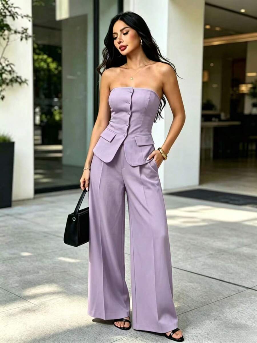 Strapless Bustier Set With Wide Leg Pants - Elegant Style For Women - Lilac Purple - View 1