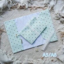 Sampul Buku Kain Polkadot Hijau Mint, Penutup Buku Tali Serut Mutiara dengan Hiasan Renda, Pelindung Jurnal Kain A5/A6 yang Dapat Digunakan Kembali untuk Penyimpanan Buku Catatan & Perencana, Kembali ke Sekolah - Set - View 2