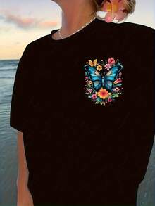 Vintage Butterfly And Floral Print T-Shirt, Short Sleeves, Crew Neck, Casual Top For Summer And Spring, Women's Clothing, Summer Tops - 黑色 - 查看 2