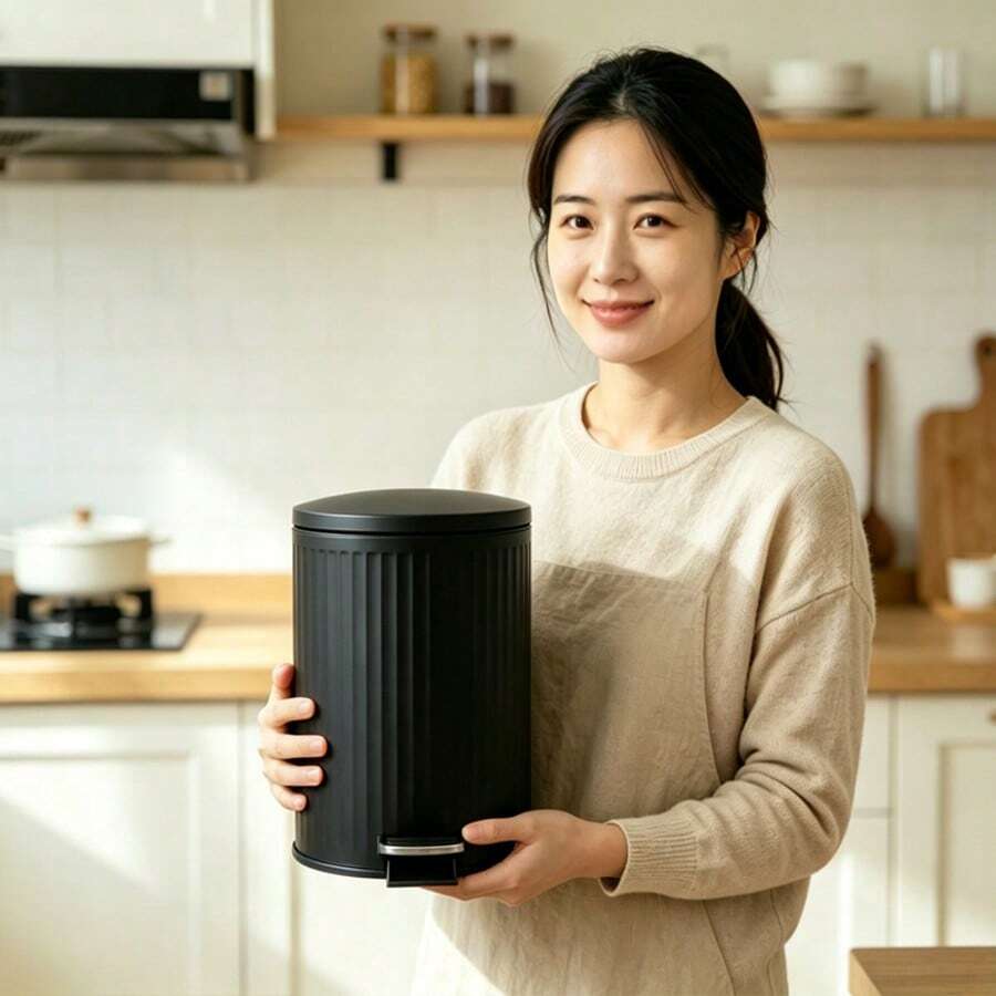 0.8 Gallon 3L Matte Black Vertical Striped Step Trash Can, Hydraulic Quiet Soft-Closing Metal Waste Basket With Side Trash Bag Hook And Removable Inner Bucket, Odor-Proof Mini Trash Can For Bathroom Vanity And Bedroom - View 1
