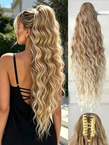 38 Inch Extra Long Straight Heat-Resistant Synthetic Ponytail Hair Extension, Deep Brown Gold Light Brown Gradient Burgundy Black, Suitable For Women's Party And Daily Use Claw Ponytail Hair Accessory - 黑棕色 - 查看 13