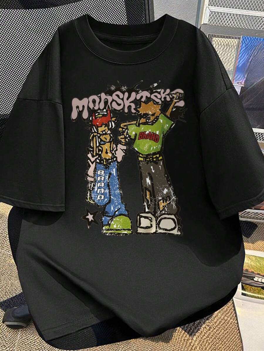 T-shirt streetwear in cotone con grafiche e graffiti. Comoda, traspirante, lavabile in lavatrice, disponibile in taglie forti per l'estate. - nero - Visualizzare 1
