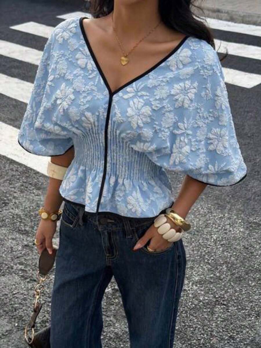 Blusa de mujer de unicolor con cuello en V profundo, cintura fruncida y dobladillo con volantes, camisa elegante ajustada con ribete de contraste - Azul - Ver 1