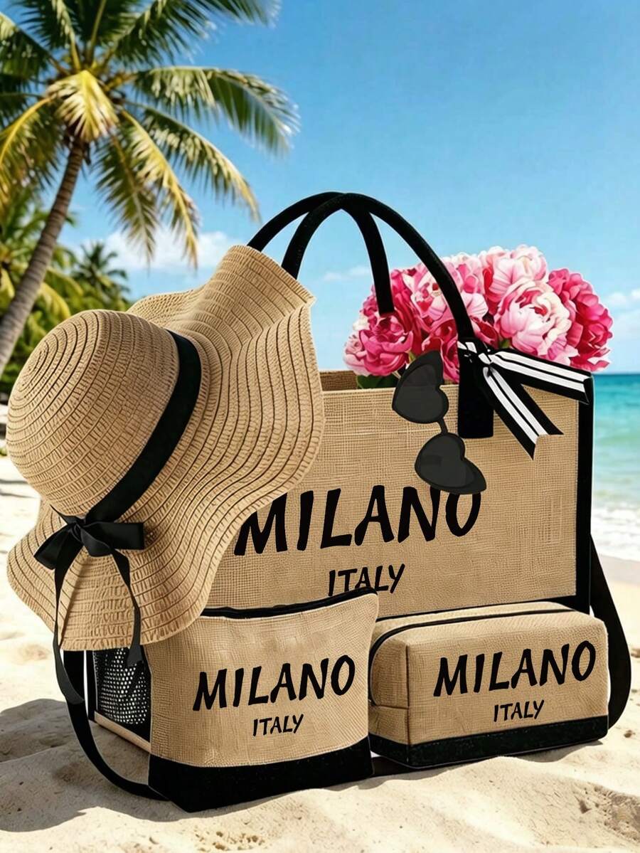黑色卡其色大容量托特包套組,印有「Italy Milan」卡通字母圖案設計,包含多功能包款:沙灘包、化妝包、小方包、手提包、帽子、太陽眼鏡、筆袋和盥洗包。適合婚禮、海邊度假和返校禮物,是假期和度假的理想選擇,也完美適用於日常使用。這是送給女性、母親、老師、朋友、伴娘、學生和返校季節的完美禮物。 - 彩色 - 查看 1