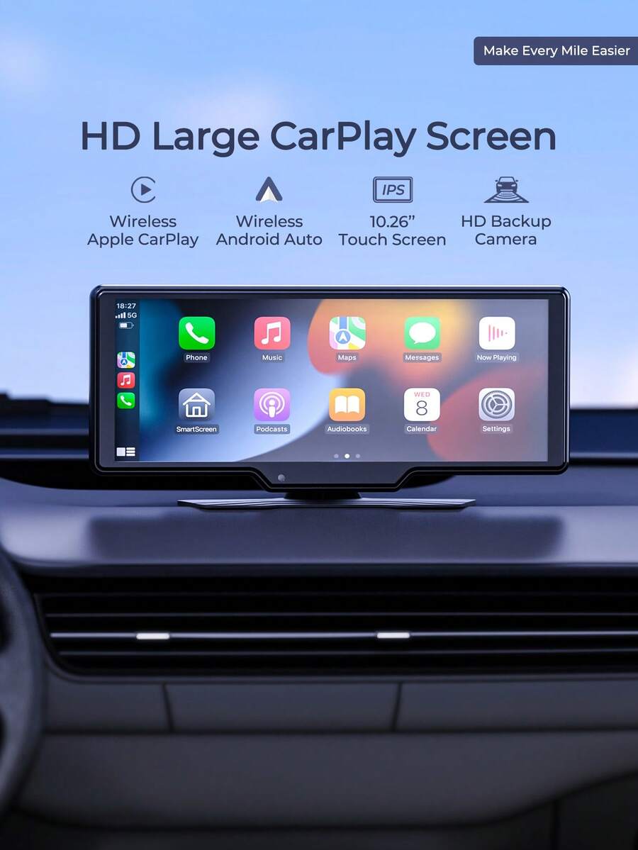 REMAX Pantalla portátil para coche HD de 10.26 pulgadas, compatible con CarPlay inalámbrico y Android Auto, cámara de reversa, reproductor MP5, plug and play, pantalla universal, accesorios para coche, artículos esenciales para coche