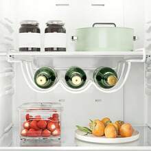 1 pieza Estante y gabinete de almacenamiento para vino, soporte para botellas de vino y agua para refrigerador, estante colgante deslizante de hierro, estante de exhibición y almacenamiento de vino, adecuado para el hogar, bar y encimera de cocina de despensa, suministros de cocina - Blanco - Ver 2