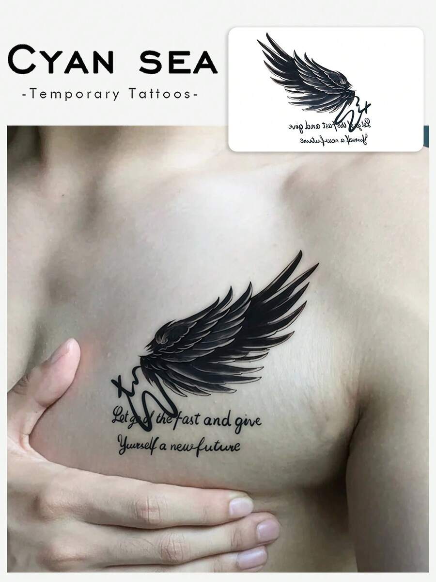 1pc Dark Wind Wings Handwritten Pattern Temporary Tattoo Sticker, With Realistic Tattoo Design, Suitable For Daily Travel, Music Festivals, Games, Graduation Gifts, And Lasts For 3-5 Days. - Black - View 1