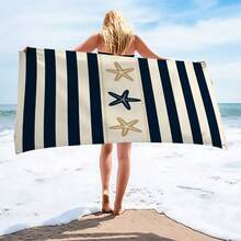 1件超柔軟快乾沙灘巾，海軍藍與白色條紋配3顆海星圖案 - 防沙、超強吸水微纖維，適合泳池、露營、瑜珈、潛水 - 熱帶風格，完美旅行必備，瑜珈巾 | 鮮豔沙灘巾 | 快乾面料 - 彩色 - 查看 2