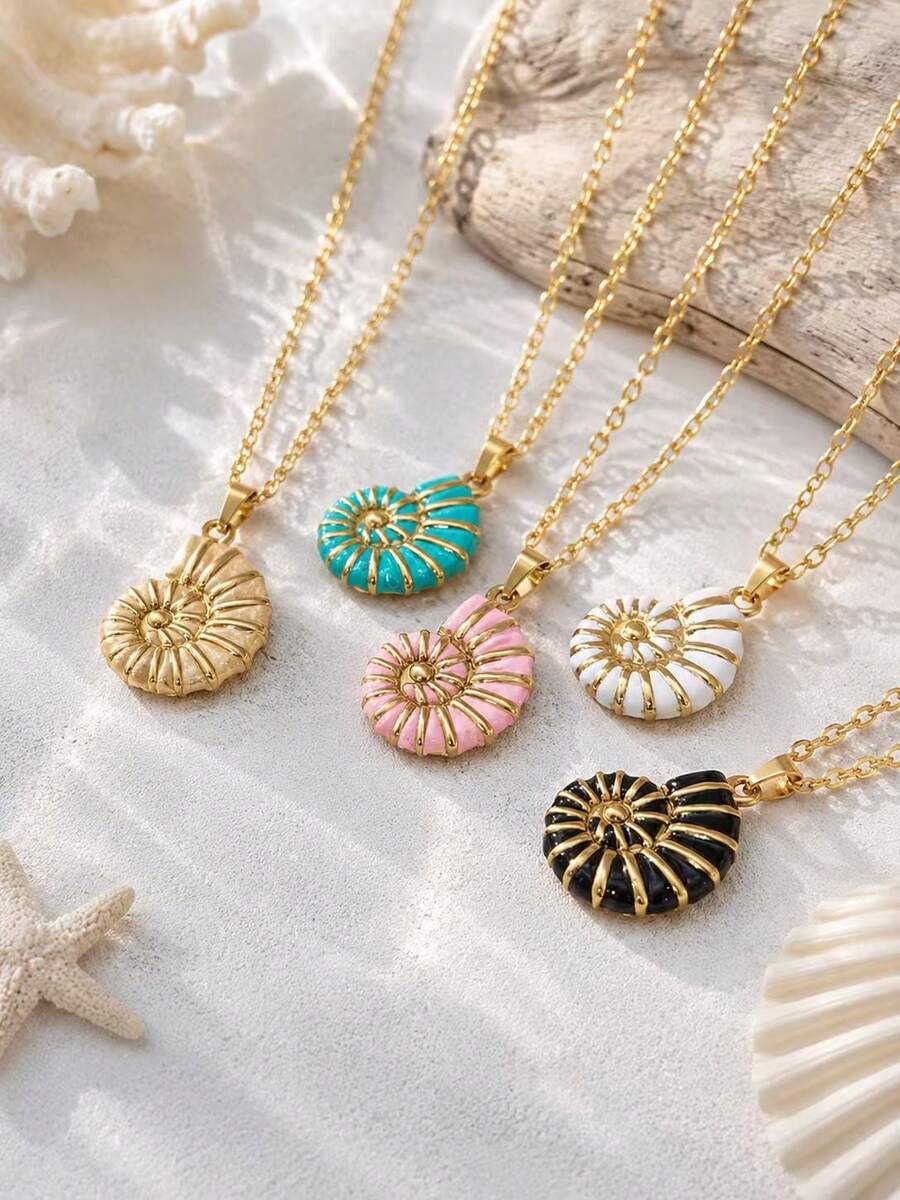 1pc Elegant Stainless Steel 18K Gold Plated Ocean Style Drip Oil Spiral Vortex Inspired Pendant Necklace, Summer Bohemian Style Jewelry - Beach Vacation, Classic Design, Suitable For Parties And Banquets, Unisex Valentine's Day Birthday Gift - Multicolor - View 1
