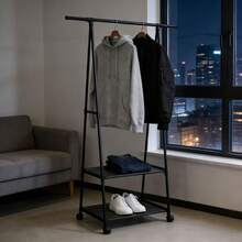Yi Youyuan Bedroom A-Frame Floor Clothing Rack With Wheels, Movable, Double-Layer Storage + Side Hanging Accessories, Hollow Hanging Rod Storage Rack - White - View 4