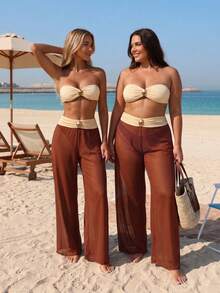 HaiiMeid Women's Metallic Bandeau Bikini Set, Includes Mesh Shorts, 3 PiecesBikini Set, Suitable For Summer Beach Vacation - Camel - View 10