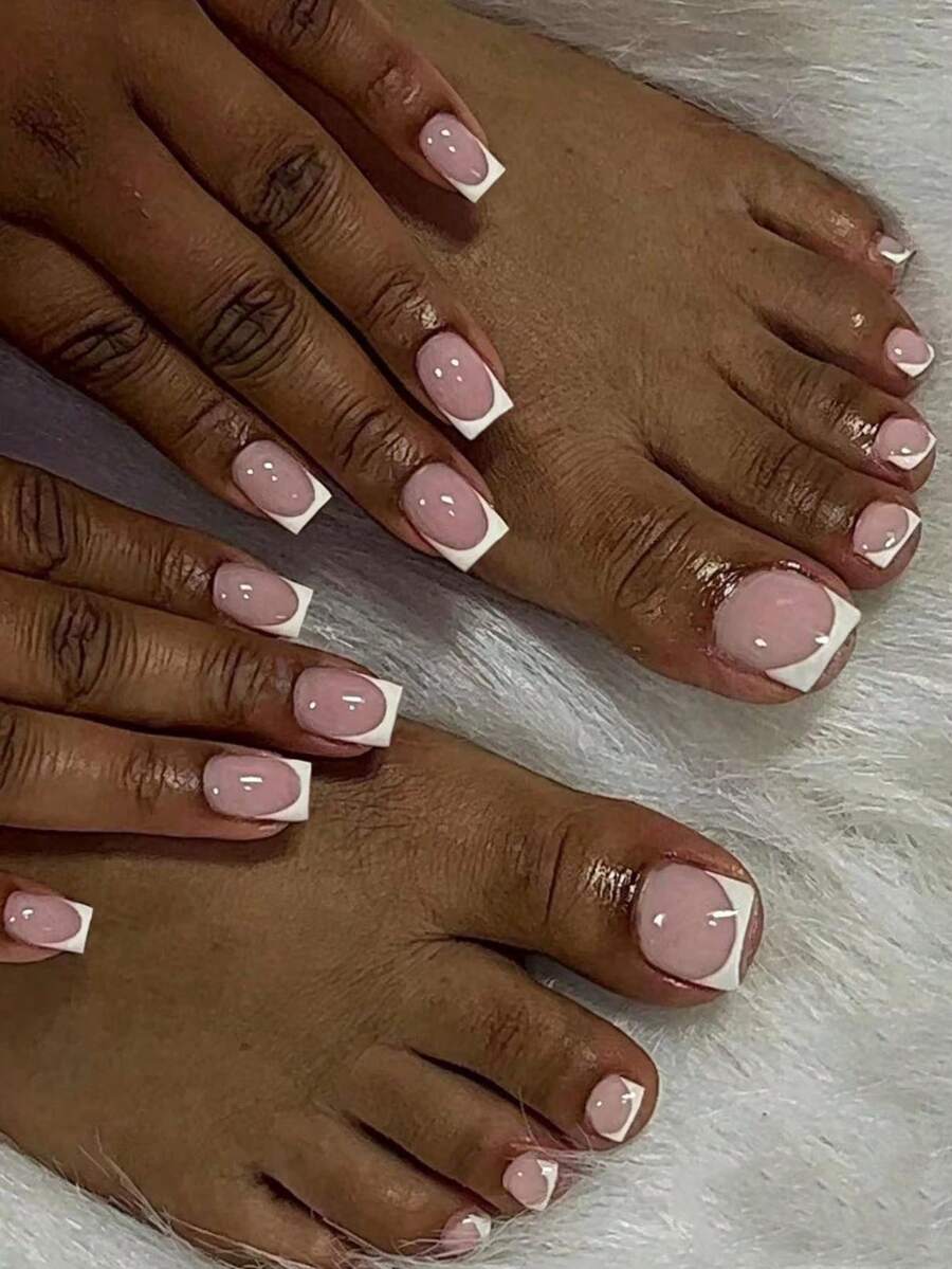 48 pièces/2 sets de faux ongles et ongles d'orteils 2-en-1 carrés français en acrylique à coller, comprend 2 gels de gelée et 2 limes à ongles, faux ongles à la mode et simples, fournitures pour ongles convenant pour un port quotidien par les femmes et les filles - Multicolore - Voir 1