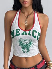 Women's Retro Letter Print Camisole-Style Crop Top With Green And Red Trim, Sporty Style, Casual Summer Wear. - 白色 - 查看 1