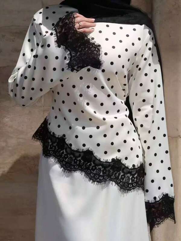 Women's Lace Patchwork Polka Dot Print Satin Blouse, Contrast Color Asymmetric Long Sleeve Top, Ramadan Daily Wear Outfit Vacation White
