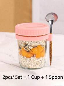 2 Stücke/Set Glas Overnight Oats Becher mit Deckel und Löffel, versiegeltes Einmachglas. Tragbarer versiegelter Behälter, geeignet für Joghurt, Salat, Milch, Müsli und Obst. Perfekt für Frühstück, unterwegs, Picknick und Camping - Verschiedenfarbig - Übersicht 18