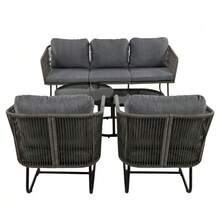 Conjunto de muebles de jardín con estructura de hierro galvanizado, muebles de jardín de cuerda gris, patas ajustables, tablero de mesa de cristal liso, conjunto de 5 piezas, incluyendo todos los cojines de asiento y respaldo. - Gris - Ver 5