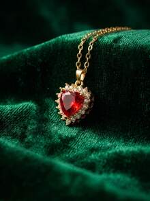 1 pezzo Collana elegante da donna con ciondolo a forma di cuore rosso, catena in acciaio inossidabile dorato, adatta per San Valentino, Festa della Mamma e compleanni - Rosso - Visualizzare 5